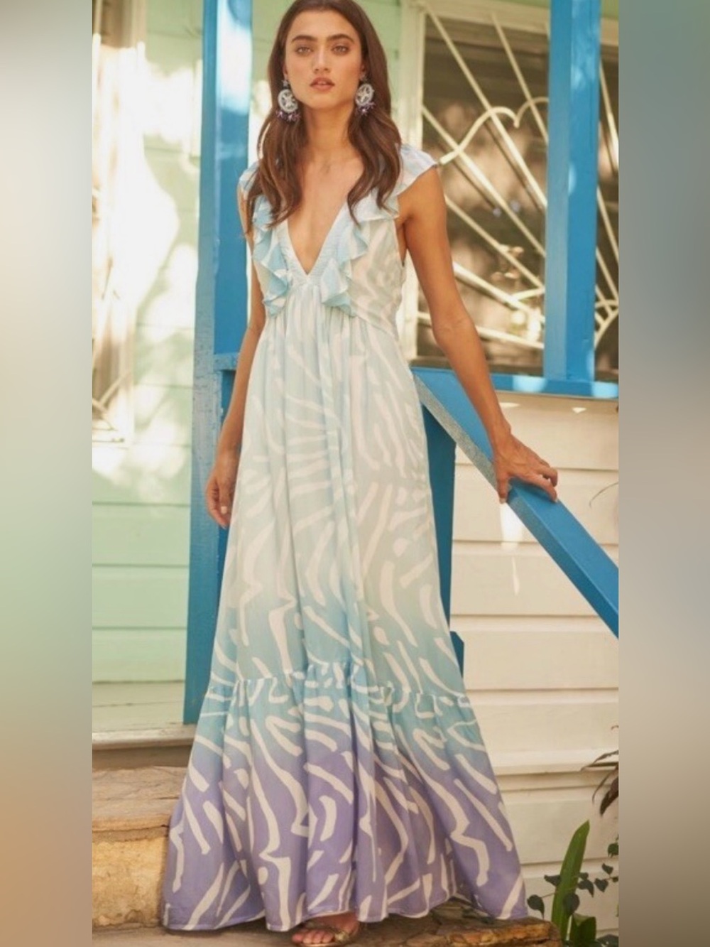 Oliphant Ruffle V Neck Collar Zebra Maxi Dress Ombré Blue Tuckernuck Small Silk